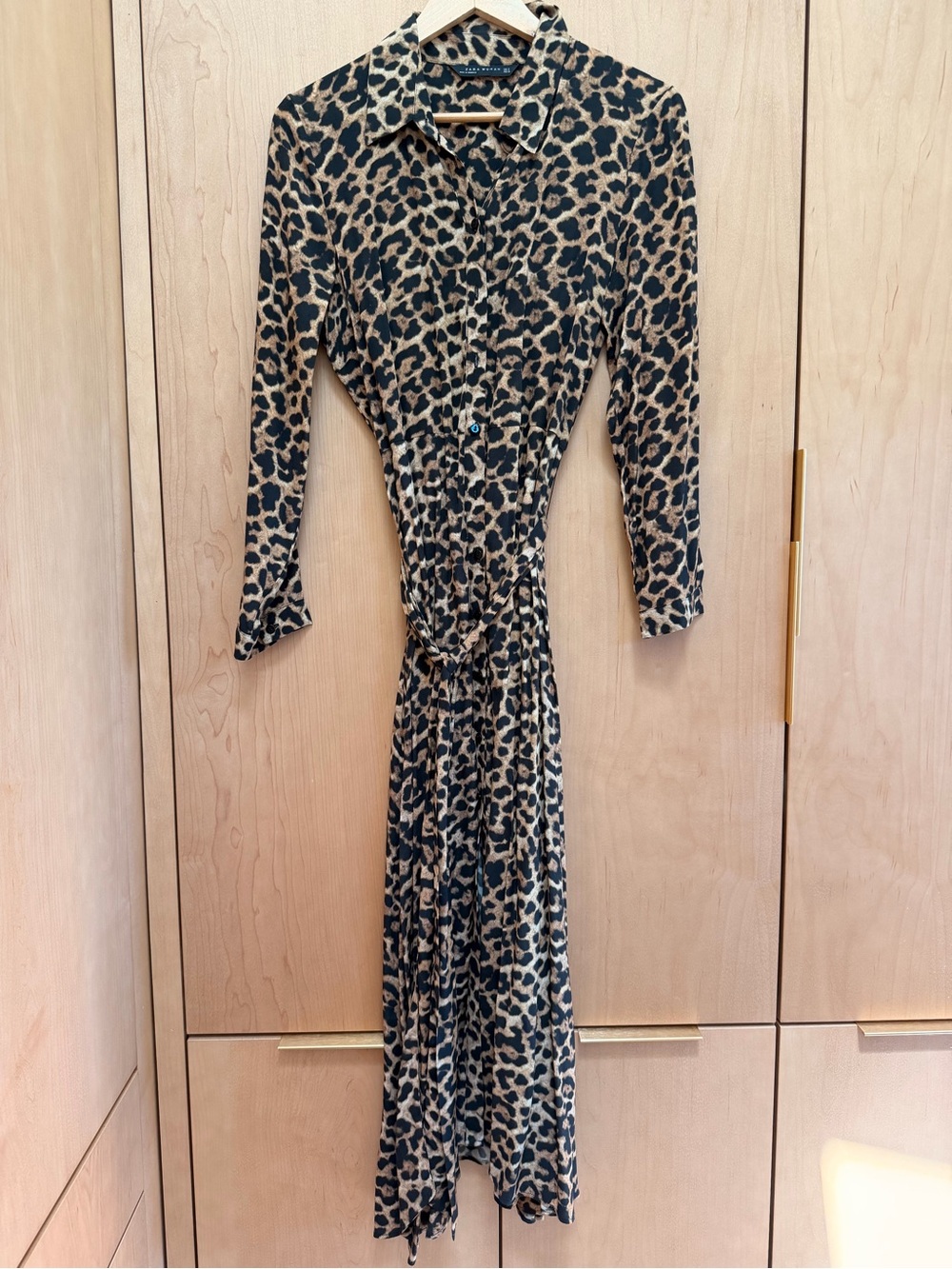 Zara size Medium Leopard Print Long Sleeve Shirt Dress with tie- Beige & Black